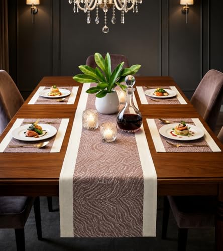 Image of YELONA Placemats and Table Runner Set - Heat Resistant, Non-Slip & Washable PVC Vinyl Dining Table Mats - Walnut Brown (6 Placemats: 45x30 cm, 1 Runner: 180x30 cm)