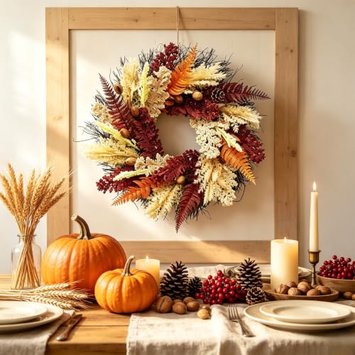 20in Fall Wreath, Artificial Fern Grain Nut Harvest Wreath for Front Door - image 6