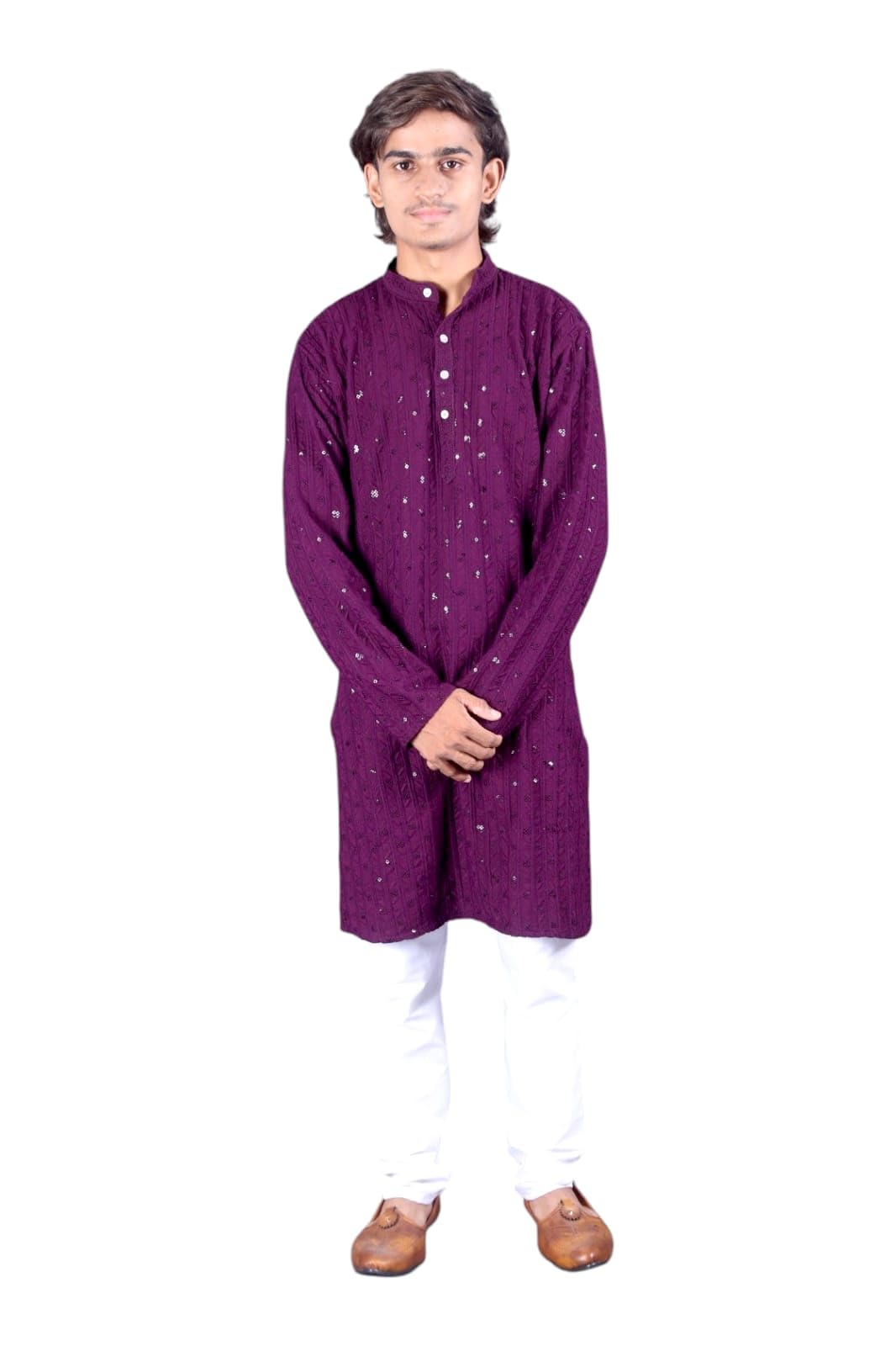 Men's Purple Kameez with Cream Buttons-picture-44