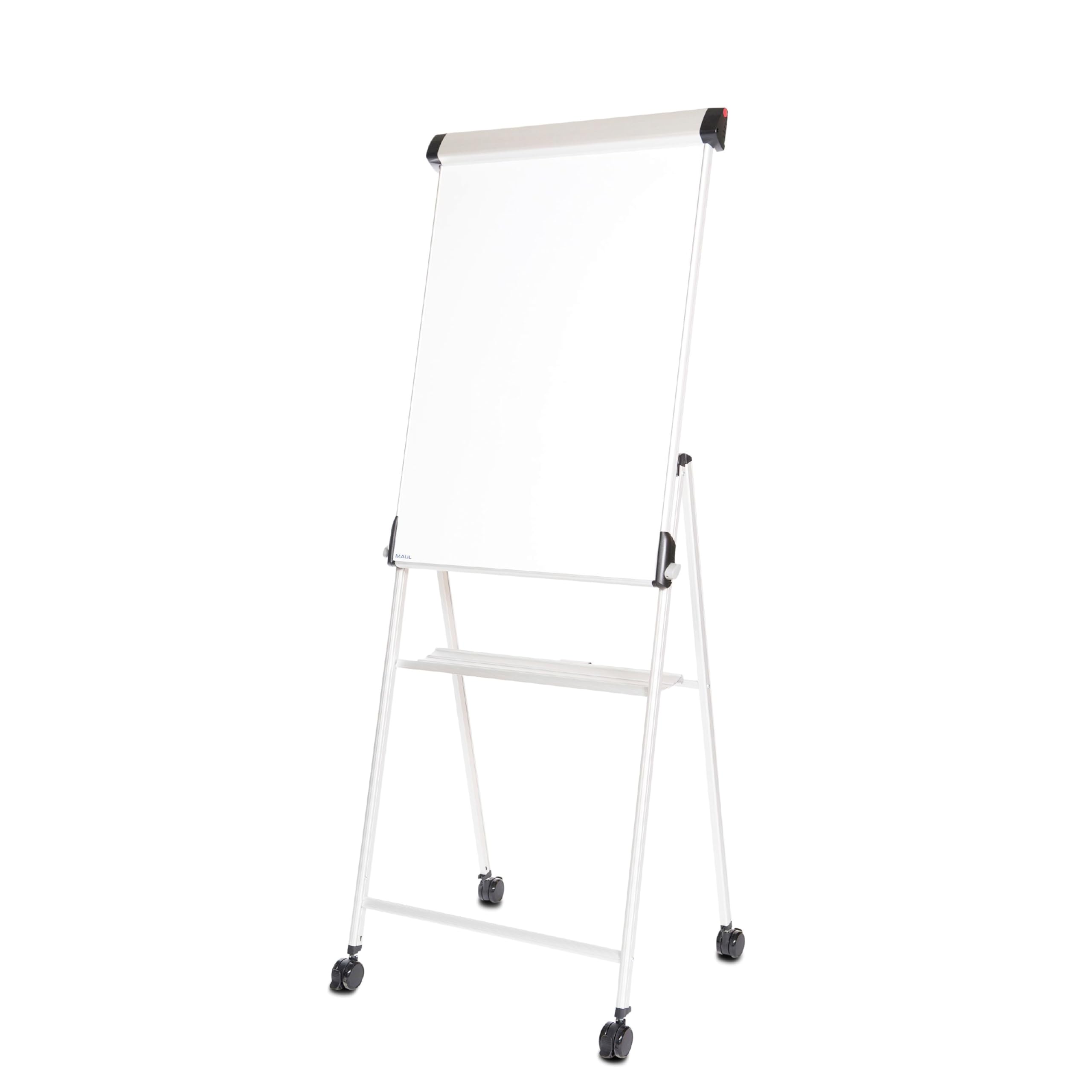 MAUL Flipchart mobil silber MAULpro stufenlos verstellbar auf Rollen | stabiler Alurahmen, flexible Arbeitshöhe, magnethaftende Schreibfläche, trocken abwischbar, breite Ablageschale