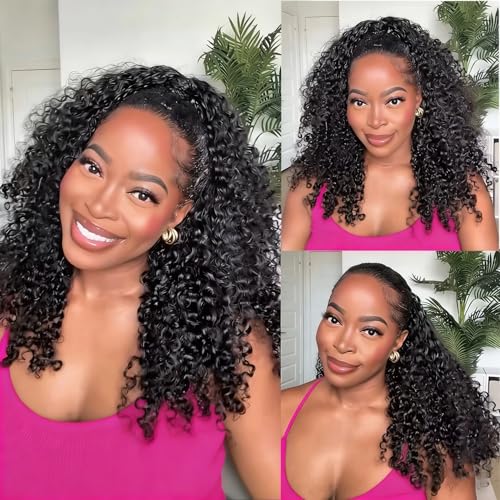 Image of Kinky Curly Half Wig Human Hair 16 Inch 3 In 1 Drawstring Wig Natural Color