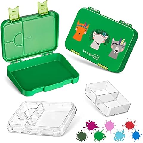My Vesperbox Bento Box Children's Lunch Box with 4 + 2 Compartments Extremely Robust Lunch Box Ideal for Nursery and School (Green - Indian Forest Animals) Cover