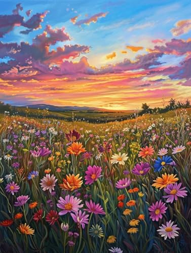 Diamond Painting Coucher de Soleil : Kit Broderie Diamant Fleurs 5D Grand Format 100x130cm