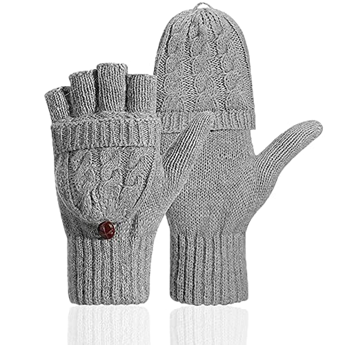 Gants sans doigt Mitaines avec Capuchons en Laine et Textile pour Femmes,couvercle rabattable Pour le froid, le ski de vélo et les SMS,gris Cover
