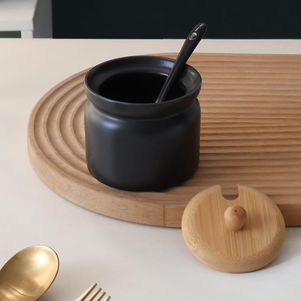 Keramik Zuckerdose Schwarz Bambusdeckel mit Löffel 180 ml 6.8 x 8cm | Luftdichte Keramik Zuckerdose mit Bambusdeckel & Löffel, platzsparend, für Zucker Salz Gewürze Küche