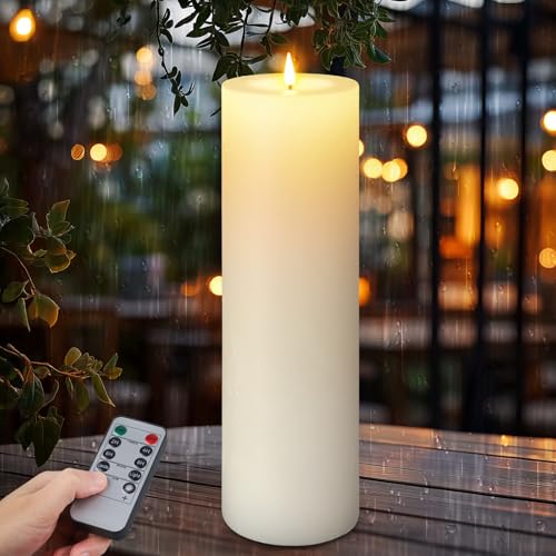 Image of 14 inch x 4 inch Large Outdoor Candles, Waterproof Flickering LED Flameless Candles with Timer, Battery Operated Candles with Remote Control Realistic Fake Pillar for Patio Porch Lanterns, White 1 Pack