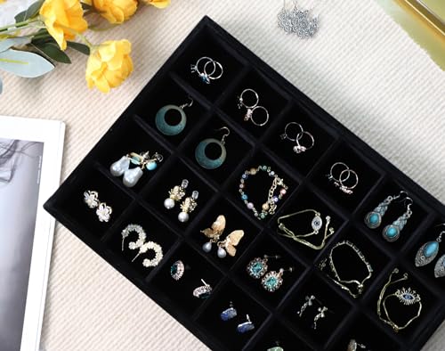 Image of Wudygirl Set of 4 Stackable Jewelry Organizer Trays for Drawer Velvet Drawer Organizer with Lid Jewelry Display Case for Earring Necklace Ring Bracelet Gift for Women Girl(Set of 4,Black)