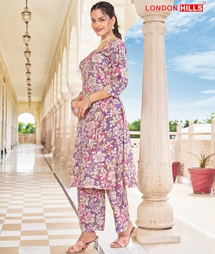 Image of London Hills Women Printed Kurta with Pant Salwar Suit Set || Plazo Kurti Cotton Set