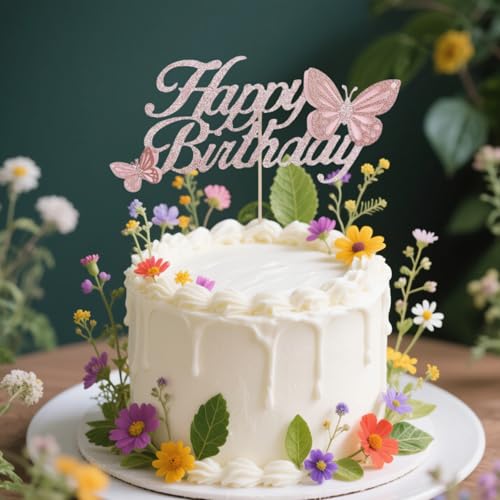 ALISSAR Rose Gold Happy Birthday Cake Topper with 3d Handmade Butterfly, Butterfly Cake Toppers for Girls Women's Birthday Cake Party Decorations (rose gold)
