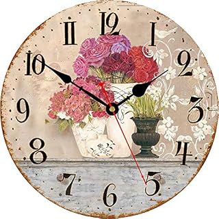 Toudorp 8 Inch Wall Clock Easy to Read Arabic Numerals Quartz Silent Wall Clocks Battery Operated Retro Round Flower Pattern Clock Wooden A Red Rose Style Vintage Home Decorative Wall Clock