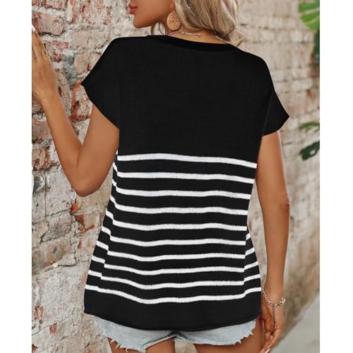 Blostirno Womens Cap Sleeve Sleeveless Sweater Summer Casual Crewneck Striped Knit Vest Loose Fit Pullover Tops4