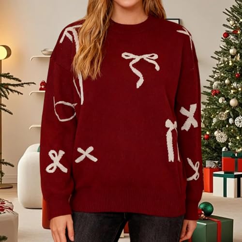 Image of Women Cute Bow Knit Sweater Y2k Long Sleeve Crew Neck Knitted Pullover Top Oversized Going Out Fall Winter Knitwear