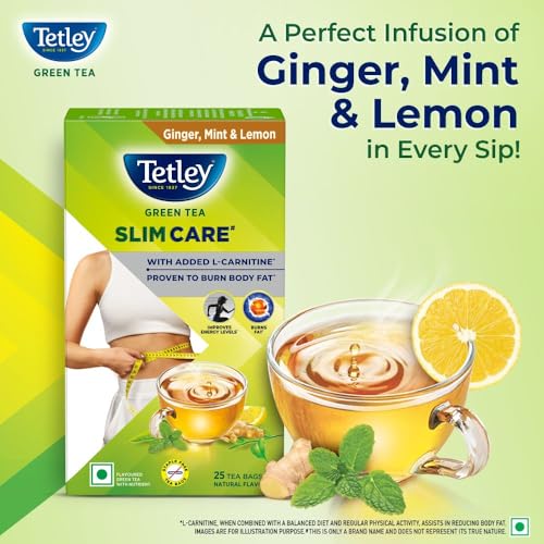 Image of Tetley Green Tea Slim Care, With Added L-Carnitine, Helps Burn Body Fat, Boosts Energy, Low Calories, Delicious Natural Ginger, Mint and Lemon Flavours, Makes 25 cups