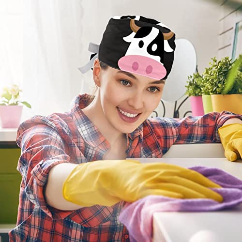 Image of 2 PCS Bouffant Cap with Button Ponytail Pouch Working Cap Sweatband Adjustable Surgical Cap Black and White Cow