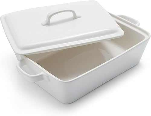 Sur La Table Cazuela rectangular de gres con tapa, 4 cuartos de galón, color blanco