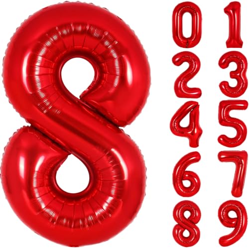 Image of Number Balloons Red Party Balloon - 40 Inch Large Number 8 Balloon, Numbers Balloon Birthday Decorations, Red Party Supplies for Anniversary