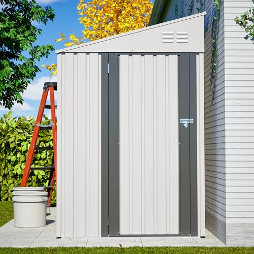 Image of YOPTO 4x7 FT Outdoor Storage Shed Lean to Shed,Metal Shed W /Lockable Door & Air Vent,All Weather Waterproof Garden Tool House W /Reversible Installation,for Backyard,Patio,Lawn,White
