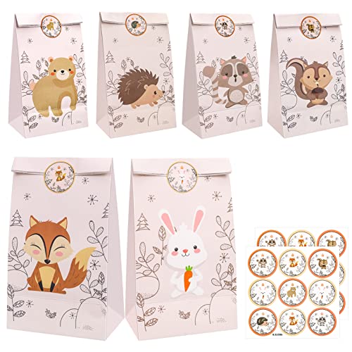 Geschenktüten,12 Pcs Dschungel Tiere Partytüte mit 18 Waldtiere Aufkleber,Bunt Papier Candy Tüten,Papier Geschenktüten,Papiertüten Kinder,süßigkeiten Papiertüten Geschenke für Kindergeburtstag Cover