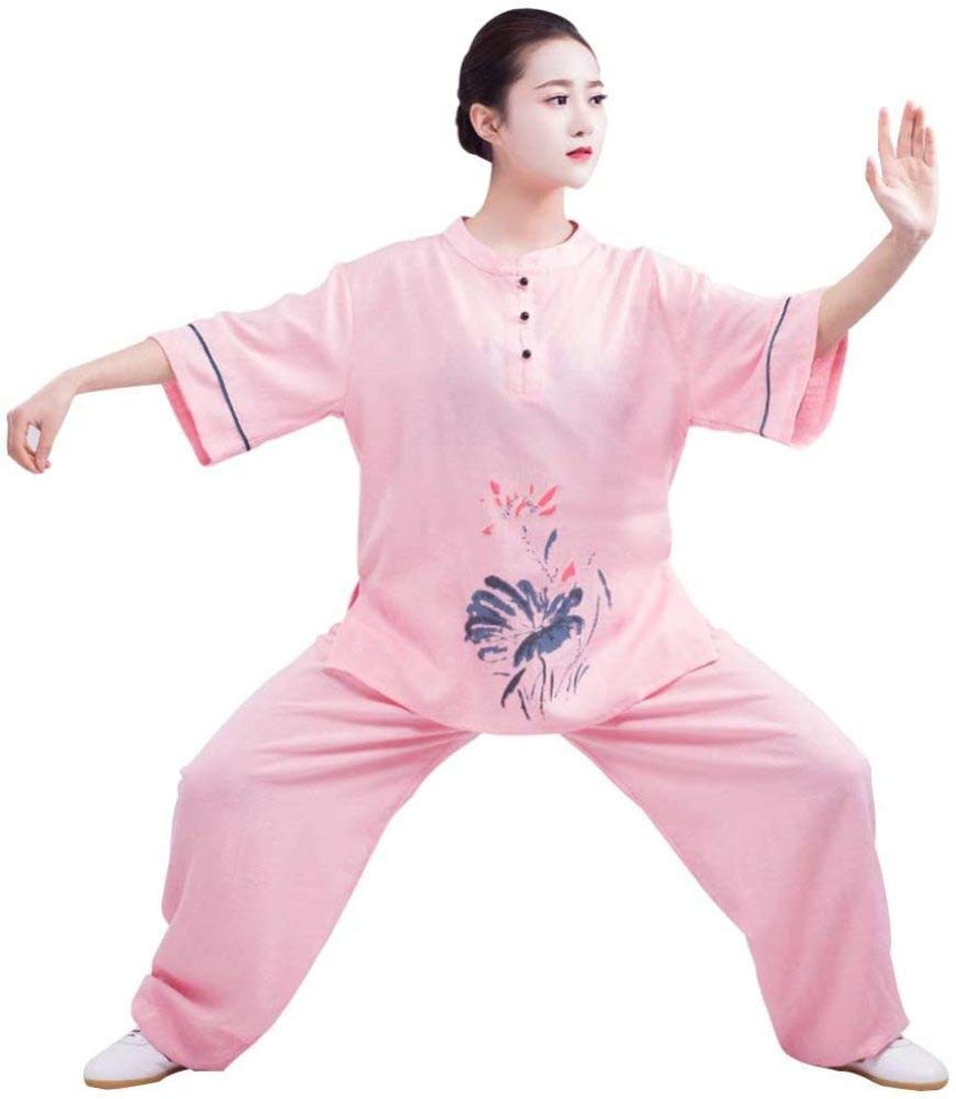 Tai Chi garnitur odzież damska bawełna i len lato Tai Chi odzież treningowa len odzież do sztuk walki, różowy-M