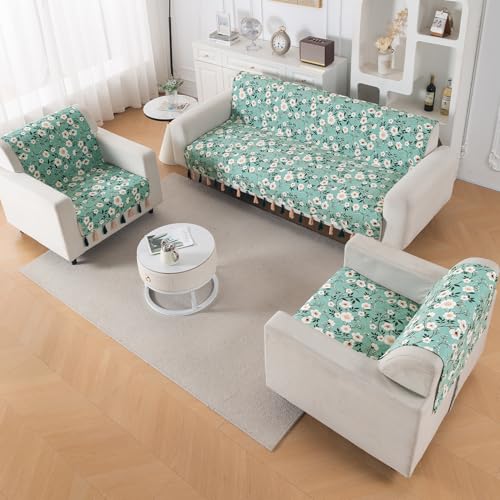 Image of HOKIPO Printed Holland Velvet Sofa Cover 5 Seater Set - Washable 3+1+1 Sofa Cover with Tassel | Full Protection for Sofa Seat and Back | 'Whispers of Nature' | Sage Floral Vine (IN-1127+1125-D8*2)