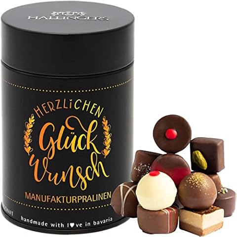 Hallingers 12 Manufaktur-Pralinen handgemacht, ohne Alkohol (150g) - Herzlichen Glückwunsch (Premiumdose) - Geburtstag & Glückwunsch 2023, Für Sie#Für Ihn - Geschenk zu Mutter-/Vatertag 2023 Cover