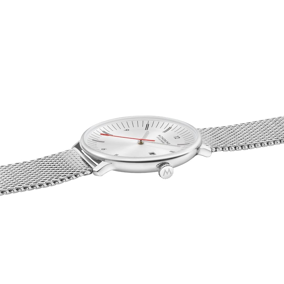 Mondaine Doppio zegarek męski 41 mm, szwajcarski mechanizm kwarcowy, szkło szafirowe, stal nierdzewna, wodoszczelny 5 ATM, zrównoważony – elegancja i tradycja, dwoistość w designie