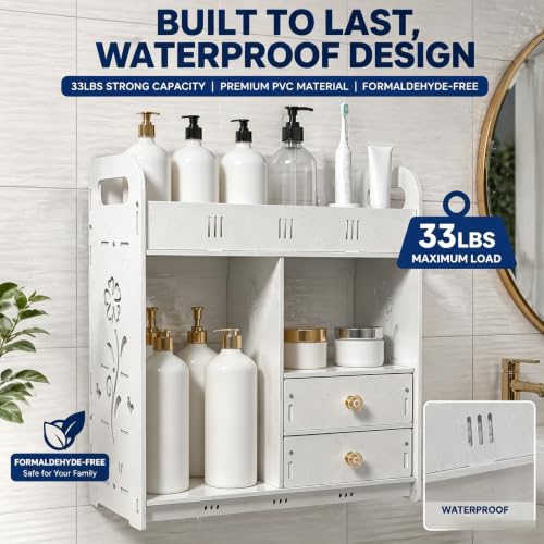 Armario de baño empotrado en pared con 2 cajones, organizador de medicamentos de PVC, impermeable, ahorrador de espacio, capacidad de 33 lb, con baranda elevada miniatura 3