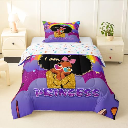Image of Erosebridal Black Girls Toddler Comforter Set African Princess Bedding Set Dreamy Rainbow Magical Comforter Cute Little Princess Bed Sets for Kids Melanin Bedroom Decor (1 Comforter, 1 Pillowcase)