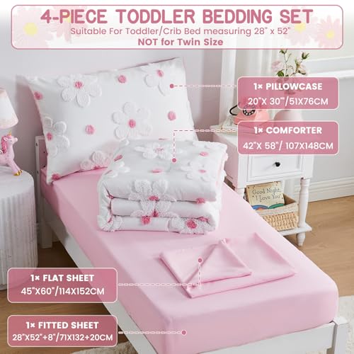 Image of Toddler Bedding Set for Girls 4-Piece Pink Boho Tufted Daisy Flowers Toddler Comforter Set Bed-in-a-Bag Toddler Sheets Bedroom Set with Toddler Comforter, Flat Sheet, Fitted Sheet, Pillowcase