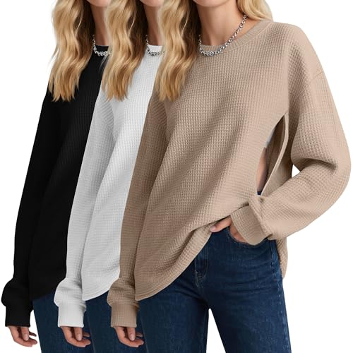 Oakgarden 3 Pack Womens Oversized Nursing Tops Waffle Knit Breastfeeding Zipper Sweatshirt Long Sleeve Maternity Shirts(Khaki White Black Medium)