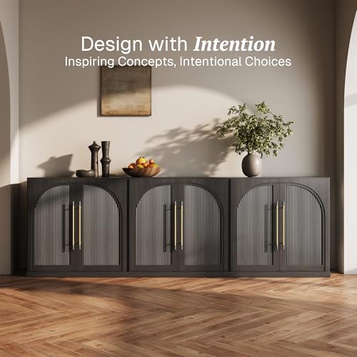 Image of BELLEZE Set of 3 Modular Sideboard with Double-Arc Wood Doors, 97'' Arched Buffet Cabinet with Storage and Adjustable Shelves, Classic Modern Credenza for Living Room Entryway (Ebony)