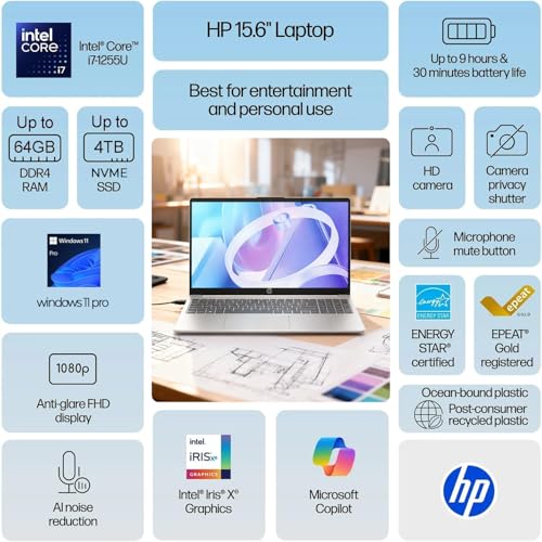 Image of HP Laptop 15, 15.6 inch FHD Display, Gen 12 Intel Core i7, 64GB RAM 2TB SSD PCIe, Windows 11 Pro, WiFi 6, HD Audio, Anti-Glare Coating, HD Camera, Up to 9 Hours Battery Life, w /WOWPC USB
