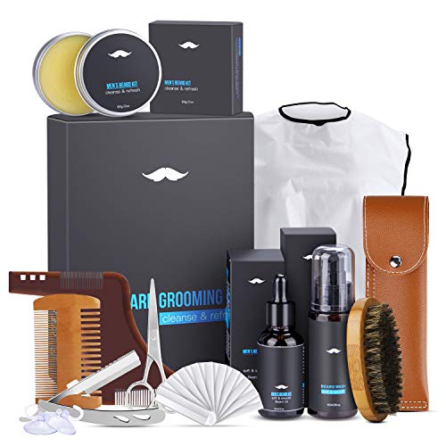 Kit de Soins Barbe, Magicfun 10 in 1 Kit de Barbe Complet Croissance, Huile Barbe Baume, Barbe Brosse, Barbe Shampoing, Barbe Peigne,Barbe Ciseaux, Tablier de rasage Rasoir Cadeau Idéal Pour Homme