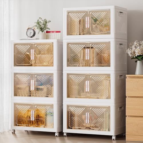 Storage Bins with Lid 76QT, Stackable Storage Containers with Wheels and Magnetic Doors, Plastic Clothes Closet Organizers and Storage Box for Pantry, Home and Office(2 Pack)