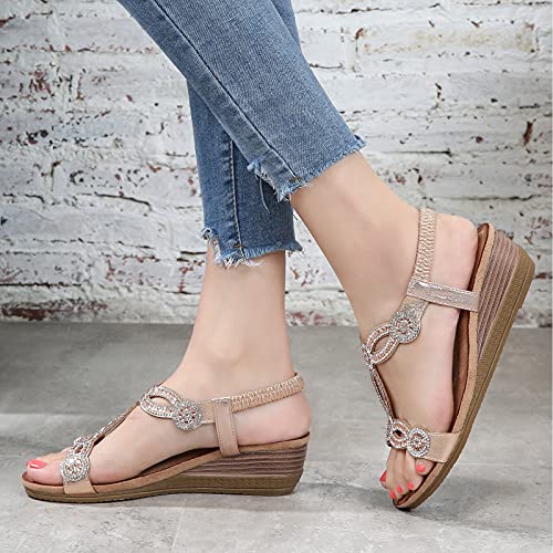 Meeshine Women's Wedge Sandals Summer Comfortable Casual Bohemian Beach Rhinestone Platform Shoes Rose Glod Us 8 #TOP6