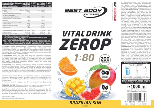 Best Body Nutrition ZEROP Vital Zuckerfreies Getränkekonzentrat Sirup Brazilian Sun Ohne Aspartam 1 L ergibt 80 L Getränk Fitness Drink mit Vitaminen B1 B6 Niacin Kalorienarm Wassersprudler 5
