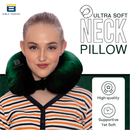 Image of CRAE Travel Neck Pillow for Men & Women | Soft Fibre Cushion for Flight, Car & Train | Soft Velvet Fabric with Attachable Snap Strap | Cervical Support for Neck Pain Relief.Pack of 1(Bottle Grn)