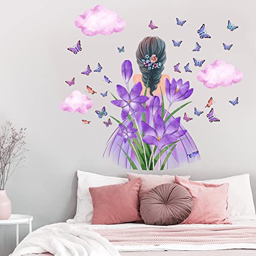 Purple Floral Wall Sticker Flower Girl Wall Decals Diy Butterfly Wall Decal Big Clouds Wall Stickers Peel And Stick Wall Art Mural Pink Princess Room Decor For Nursery Girls Bedroom Playroom #TOP1