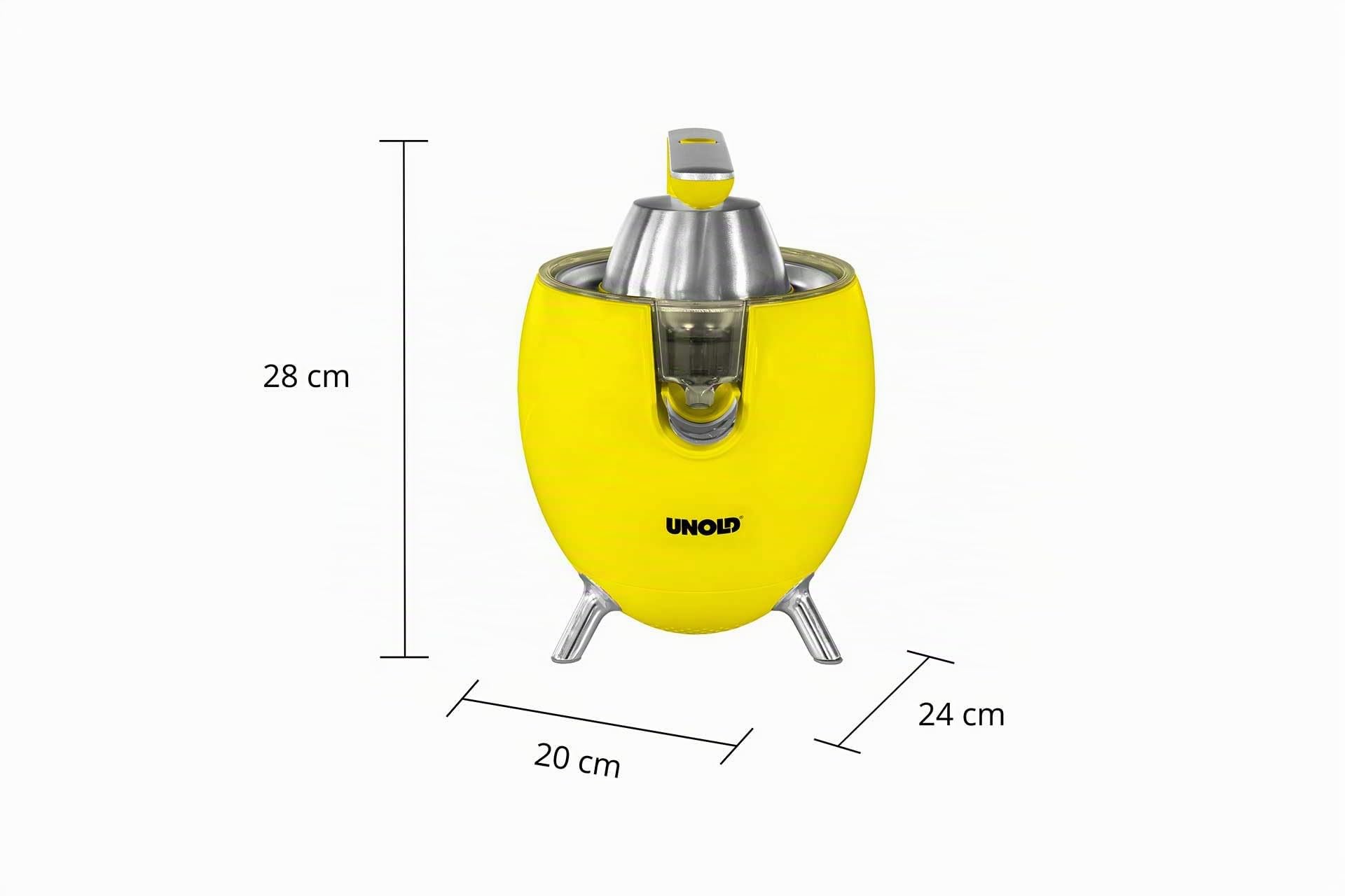 Unold 78132 Zitruspresse Power Juicy Yellow - für große und kleine Zitrusfrüchte, 1100W Motor für perfekte Saft-Ausbeute, Saftstopp-Auslauf, komplett zerlegbar, spülmaschinengeeignet, BPA-frei