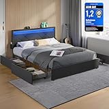 VASAGLE Doppelbettgestell, Bettgestell, passend für 140 x 200 cm Matratze, LED, Metallbett, 4 Schubladen, Ladestation, verstellbares gepolstertes Kopfteil, schiefergrau RMB827G02