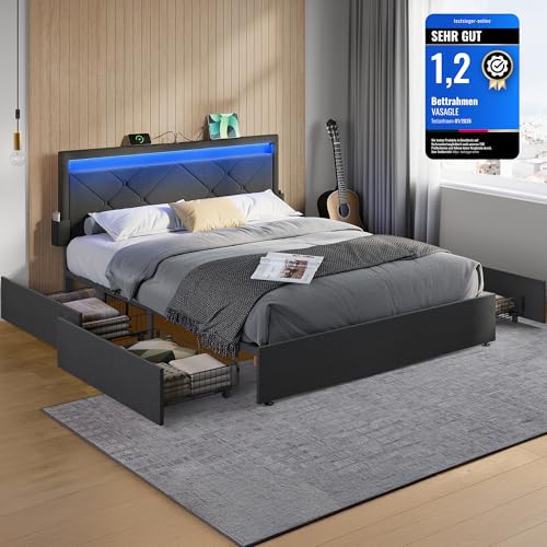 VASAGLE Doppelbettgestell, Bettgestell, passend für 140 x 200 cm Matratze, LED, Metallbett, 4 Schubladen, Ladestation, verstellbares gepolstertes Kopfteil, schiefergrau RMB827G02