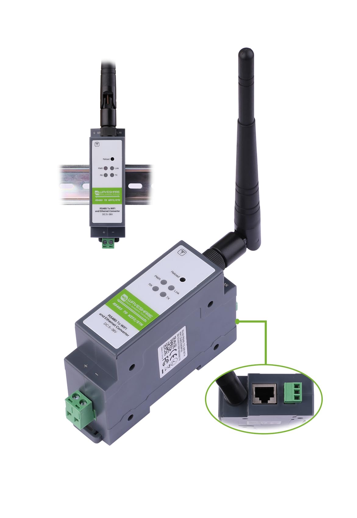 RS485 to WiFi/Ethernet Converter Module Rail-Mount Serial Server Modbus MQTT Gateway
