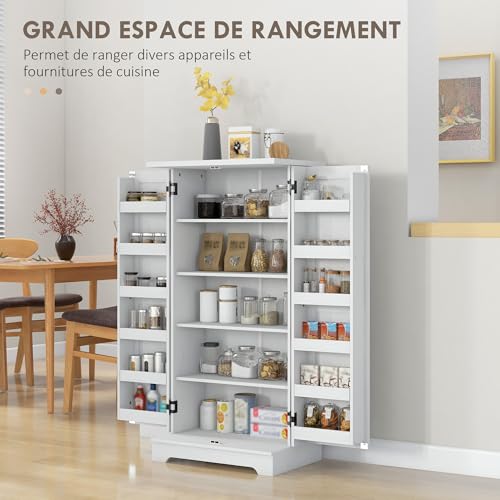 HOMCOM Credenza da cucina, mobile da cucina, armadio per porcellane, 5 livelli, con ante e ripiani regolabili, 60 x 40 x 120 cm, venatura del legno, crema - immagine 5