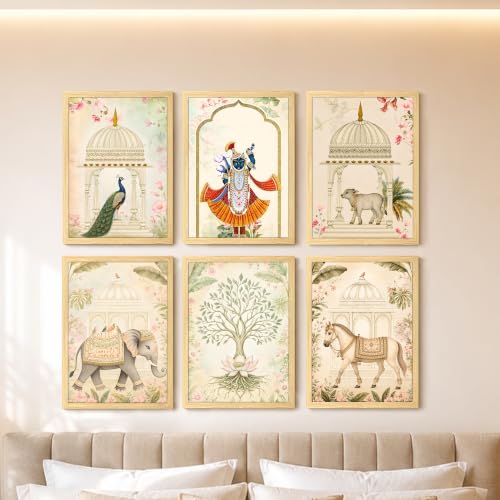 Image of PAINTINGMANTRA Madhubani Wall Paintings for living room, Mughal Queen Floral Madhubani Wall Art Painting with frame for Home wall Decoration, Office, Set of 6, 9x13 Inch