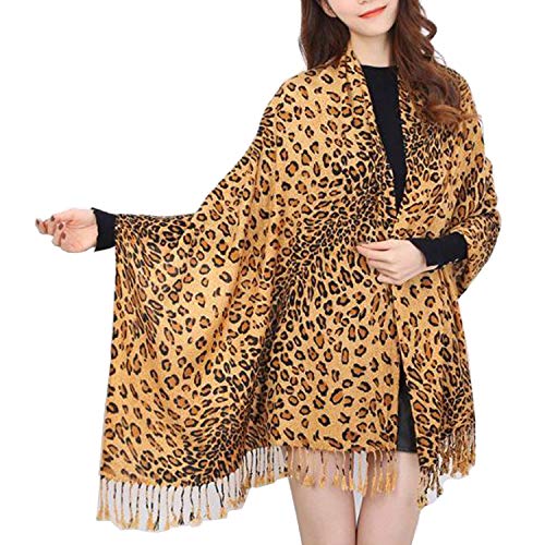 PASKMLNA Animal Print Fringed Shoulder Pashmina Wrap Scarf - Leopard Zebra Patterns