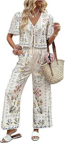 Women's 2 Piece Outfits Floral Print Short Sleeve Blouse Wide Leg Pants Casual Fashion Set (Apricot, Small)