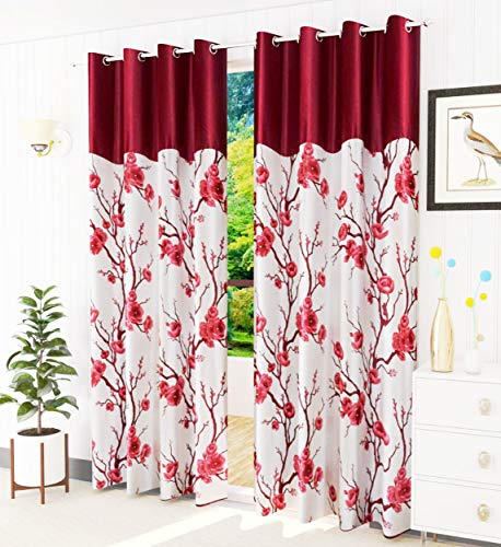 Image of Galaxy Home Decor Rose Printed Half Translucent Curtains for Door 7 Feet, Pack of 2, Maroon (Maroon, Door 7 Feet)