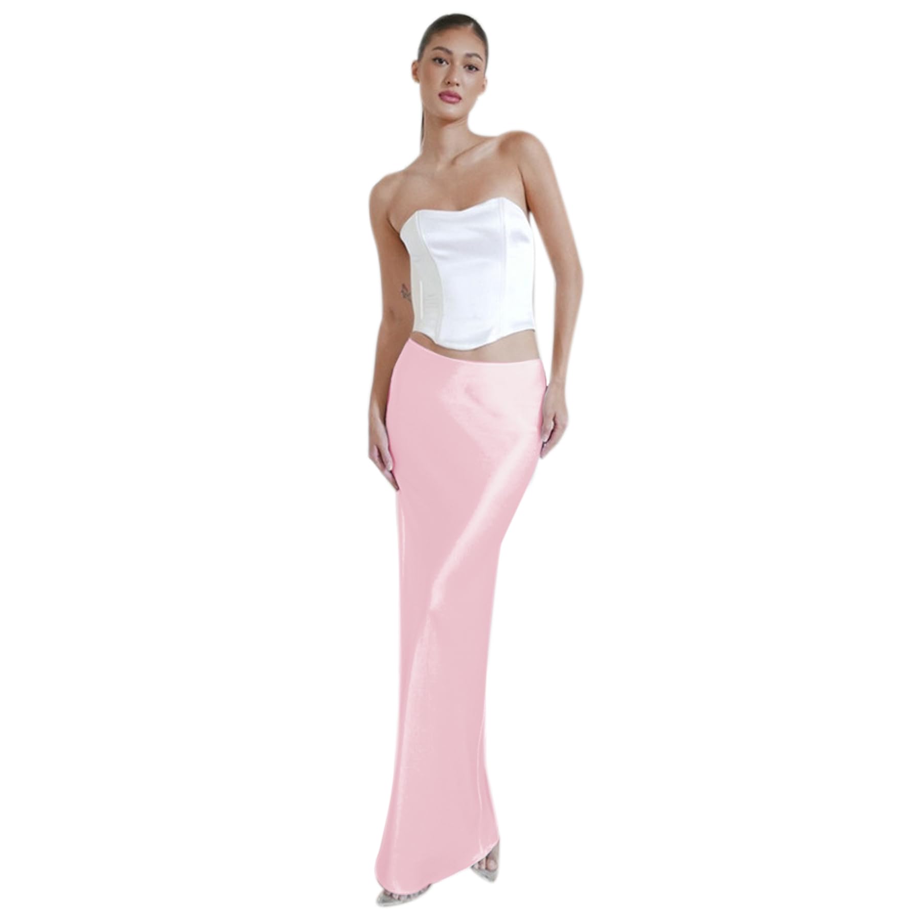 JUMISEEWomen’s Satin Silky High Waist Maxi Skirt Elegant Flowy A Line Long Skirt Zipper Bodycon Mermaid Skirt