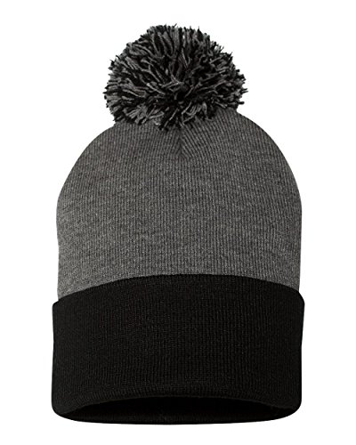 Sportsman Pom Pom Knit Cap - SP15, Dark Heather Grey- Black, One Size