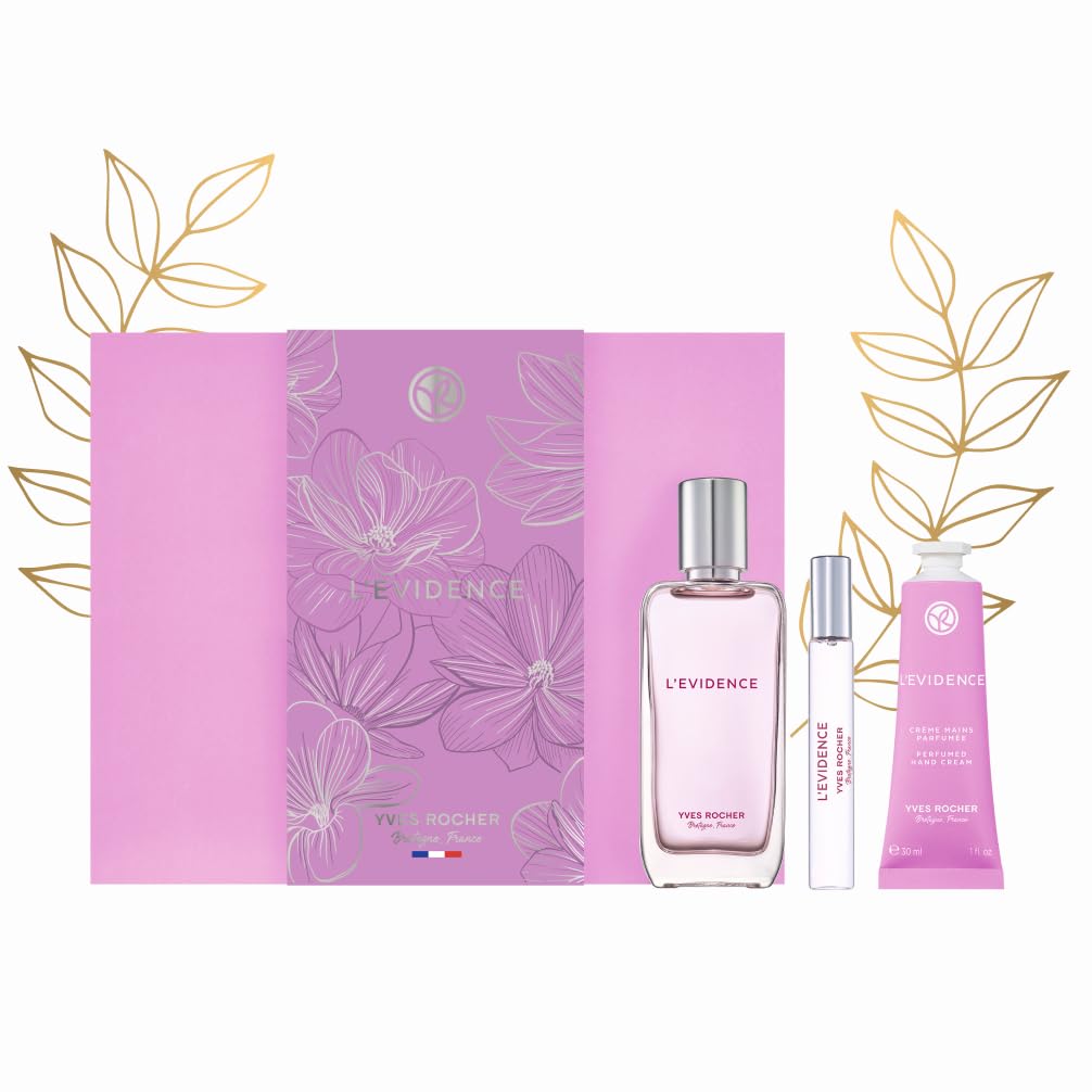Yves Rocher Parfum L'EVIDENCE - Geschenkset für Frauen - Noten von Pfirsich, Magnolie und Patschuli - Eau de Parfum 50ml + Zerstäuber 8ml + Handcreme 30ml - Geschenke für Frauen - Muttertagsgeschenk